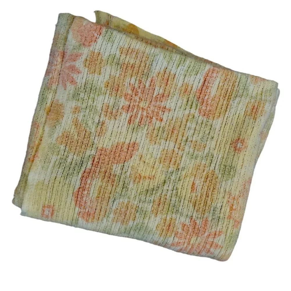 Vintage 70s Retro‎ Yellow Waffle Weave Blanket Orange Floral Flowers 66 X 74